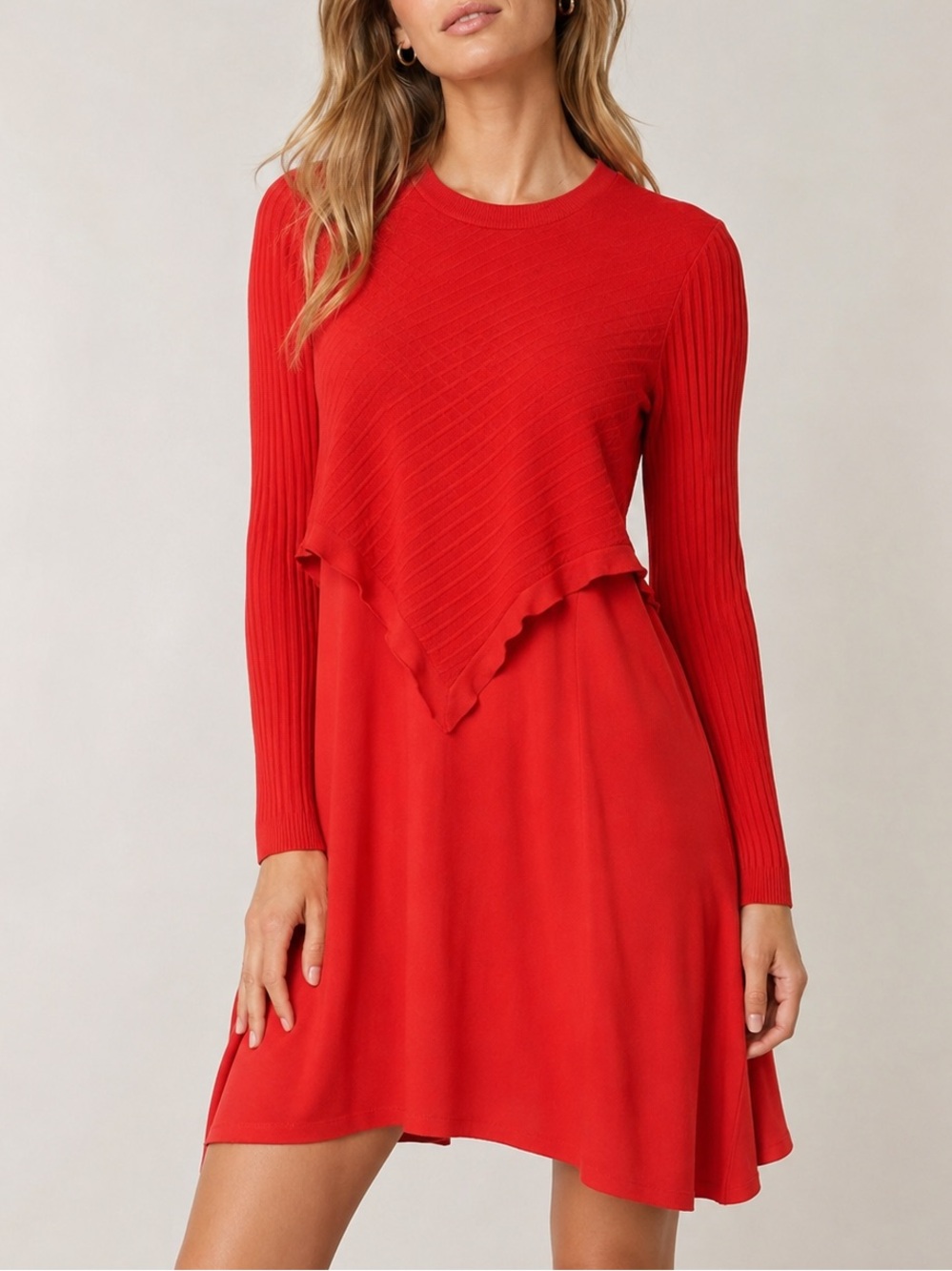 Sportmax By Max Mara Ribbed Knit Overlay Long-Sleeve Dress Size M Red